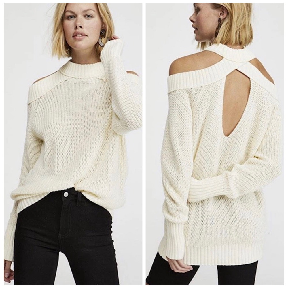 Free People Sweater Womens Medium Ivory Boho Cold Shoulder Mock Neck OB994777